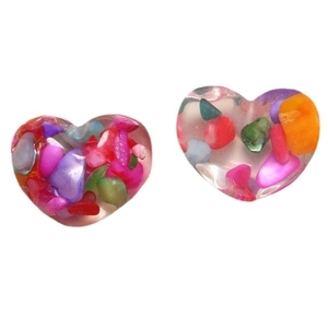 Transparent heart stud earrings with colorful resin fragments and multi-color stone filling