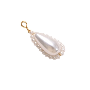 Elegant teardrop pearl pendant with golden wire wrap and small bead trim detail