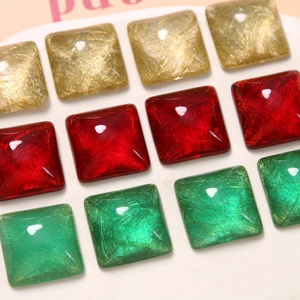 Square resin cabochons with gold silk texture for DIY jewelry making in gold red and green