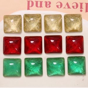 Square resin cabochons with gold silk texture in champagne, red and green for DIY crafts