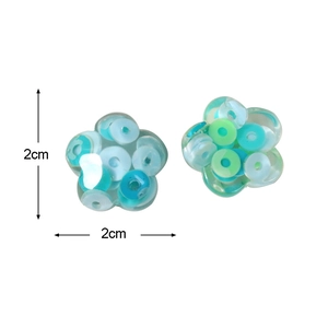 Detail showing a 2cm translucent floral resin charm with blue and green sequins