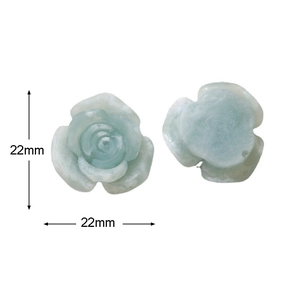 Detail view of 22mm light blue resin rose pendants with measurement markings