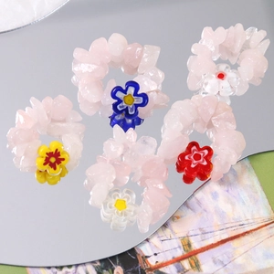 Handmade colorful glass flower rings with natural pink quartz stone beads for women
