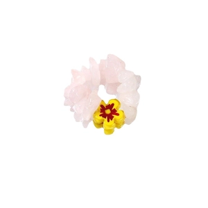 Artistic handmade ring with pink natural stone chips and yellow flower detail