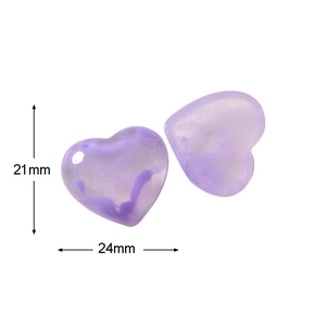 Close-up of heart-shaped resin charms with purple marble texture, sized 21x24mm