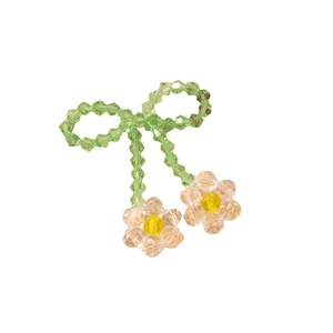 Handmade green crystal bead bow with pink flower pendants for DIY jewelry and hair accessories