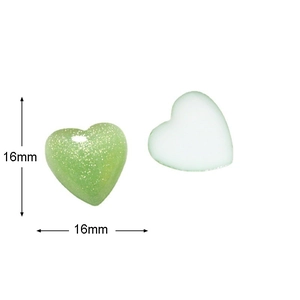 Detail showing 16mm heart resin charms in light green glitter and translucent white