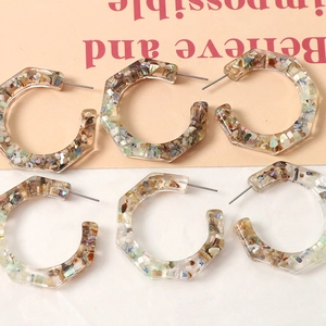 Japanese style C-shaped resin earrings with colorful shell fragments and artistic design