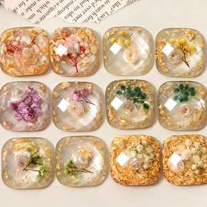 Set of 12 geometric resin charms with embedded real flowers, sea shells and gold foil
