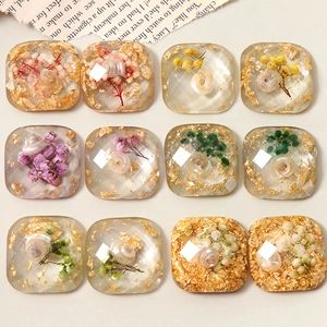 DIY Resin Flatback Patch With Real Dried Flowers And Gold Foil Geometric Faceted Cabochon For Jewelry Making DIY Crafts