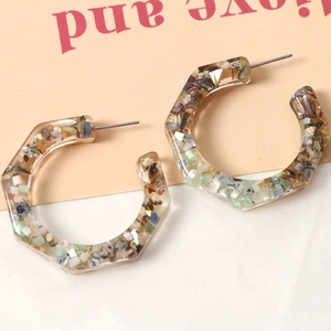 Bohemian C-shaped clear resin hoop earrings with colorful seashell fragments and silver pins