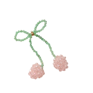 Rosa Kristall Kirsche Perlenanhänger mit grüner Schleife für DIY Schmuck und Haarschmuck