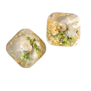 Square geometric resin charms with gold foil and green dried flowers for DIY jewelry making