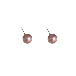 Elegant round purple pearl stud earrings with minimalist gold needles on white background