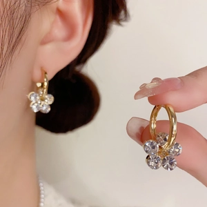 14K Gold Plated Copper Flower Hoop Earrings With 925 Sterling Silver Post Faux Artificial Pearl Rhinestone Jewelry For Women