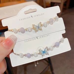 Elegant Copper Butterfly Beaded Bracelet For Women Sweet Style Adjustable Real Gold Plated Cat Eye Stone Rhinestone Jewelry