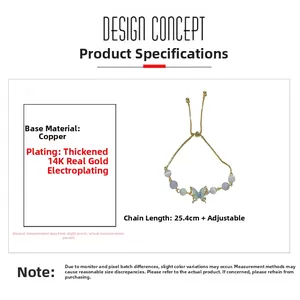 Detail view of butterfly beaded bracelet showing 14K gold plating and 25.4cm size specs