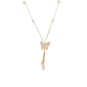 Elegant gold-plated butterfly necklace with white shell pendant and pearl tassels