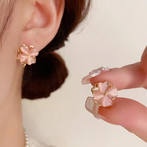 Rotating Four Leaf Clover Flower Stud Earrings With 925 Sterling Silver Earring Post Pink Green Cat Eye Stone 14K Gold Plated Jewelry