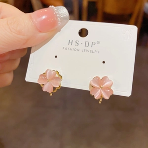 Pink cat eye stone four-leaf clover stud earrings with golden finish for women