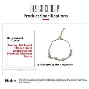 Detail of adjustable 14K gold plated bracelet featuring opal beads and micro zircons