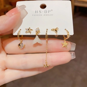 Schickes 6-teiliges goldenes Ozean-Ohrring-Set mit Seestern und Fischschwanz
