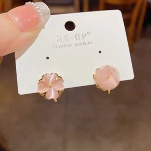 Pink cat eye stone clover and rose stud earrings with gold plating for women