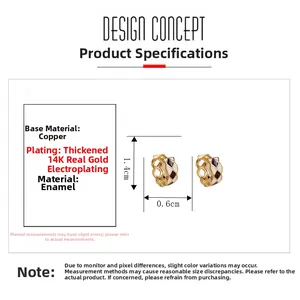 Macro detail of checkered enamel gold earrings showing 1.4cm diameter and 0.6cm width