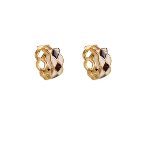 Classic black and white checkered enamel hoop earrings with gold finish and hollow patterns