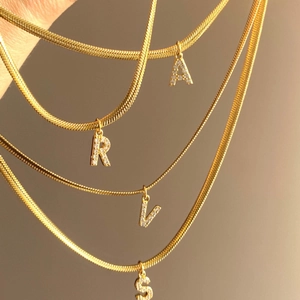 18K gold plated snake chain necklace with sparkling zircon paved alphabet pendants A R V S
