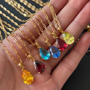 18k gold plated stainless steel necklaces with colorful pear cut zircon pendants