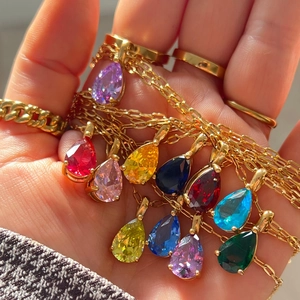 18K Gold Plated Stainless Steel Teardrop Birthstone Pendant Necklace Colorful Zirconia Teardrop Necklace For Women Birth Gift