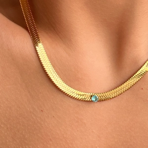 Vintage 18k vergoldete Schlangenkette mit rundem blauen Zirkon-Edelsteinanhänger für Damen