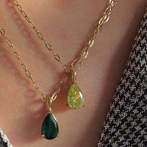 18k gold plated paperclip chain necklace with pear-cut emerald and yellow zircon pendants