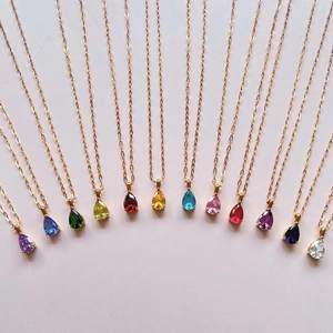 Minimalist 18k gold plated stainless steel necklace set with colorful pear cut gemstones