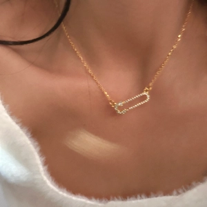 Elegant 18k gold plated paperclip pendant necklace with sparkling pavé cubic zirconia