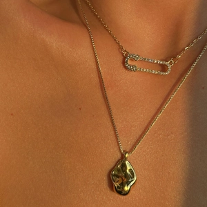Gold plated 18k titanium steel layered necklace with safety pin and lava pendant