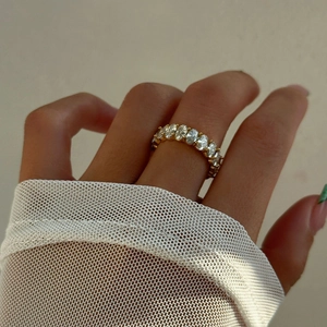 18k gold plated titanium ring with emerald cut cubic zirconia stones worn by a model
