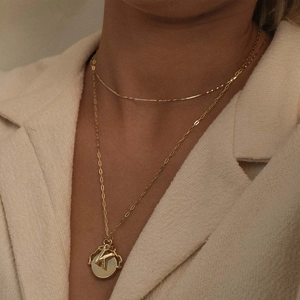 Layered 18k gold plated snake chain necklace with round coin letter K pendant for women