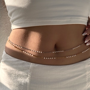 18k gold plated retro pearl waist chain body jewelry shown on model for elegant styling