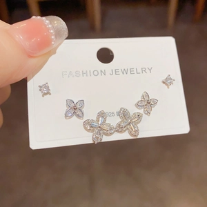 Exquisite S925 silver four-leaf flower stud earring set with sparkling zircon stones