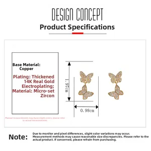 Detail of 14K gold plated butterfly earrings with micro-set cubic zirconia dimensions