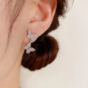 Elegant silver butterfly drop earrings with sparkling rhinestones for women