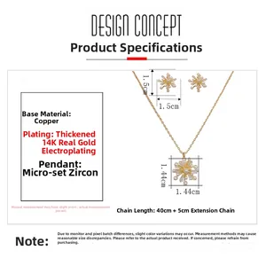 Details des 14K vergoldeten Schneeflocken-Schmucksets mit Zirkonia-Inlay und Maßen