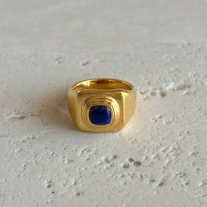 Anello vintage in titanio placcato oro 18 carati con pietra lapislazzuli blu quadrata