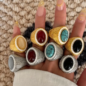Vintage 18k gold plated oval stone rings with hammered texture in multiple colors