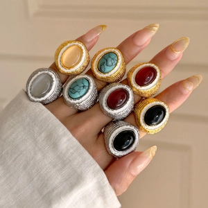 Retro 18k gold plated oval stone rings set with turquoise and marble texture on hands