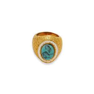 Vintage 18k gold plated ring with turquoise stone and white enamel details