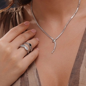 18k goud vergulde roestvrijstalen slangen sieradenset met zirkoon ketting en ring