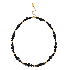 Retro style black agate bead necklace with gold metal lobster clasp and extension chain